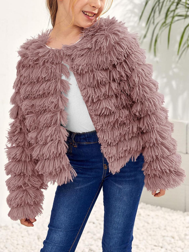 Girls Open Front Cardigan Faux Fur Coat Warm Fuzzy Trendy Winter Vintage Parka Shaggy Party Outerwear Jackets Tops