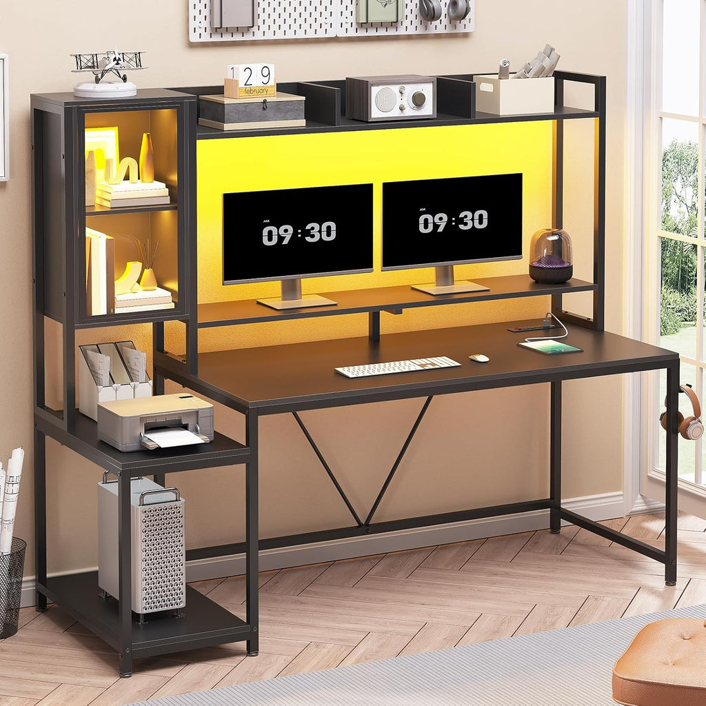 60'' Gaming Desk with Storage, Hutch, Display Cabinet and LED Lights | Computer Desk with Monitor Stand, Large PC