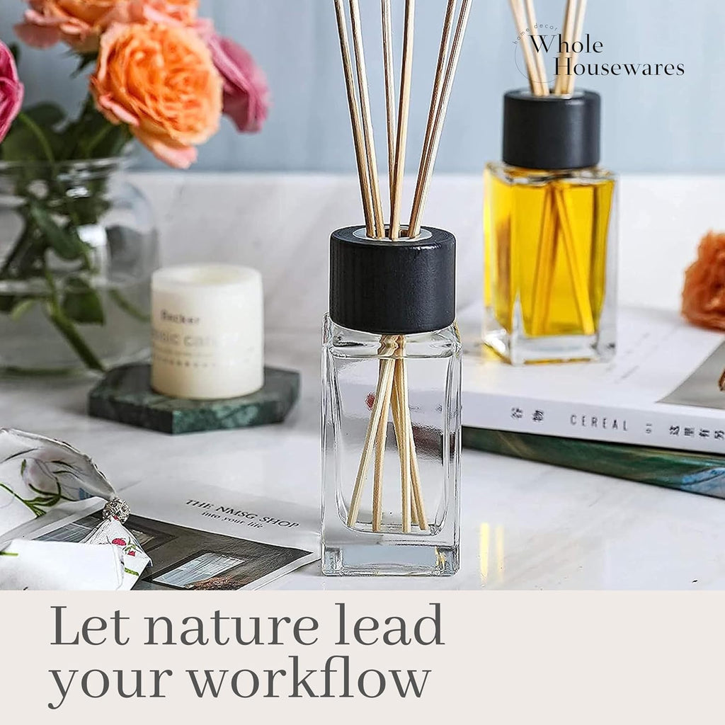 Natural Diffuser Reeds Bottles Sticks | Clear Glass Home Décor and Living Room | Black Wood Caps | Décorative - Set of 4