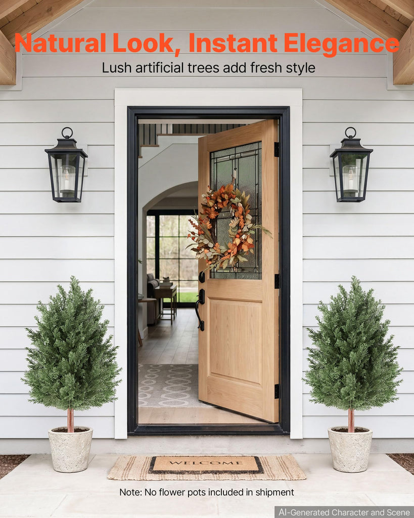 Artificial Topiary Cedar Bush 3 Ft Set of 2 Greenery Fake Shrubs, PE Faux Trees with Ground Spikes, Indoor & Outdoor
