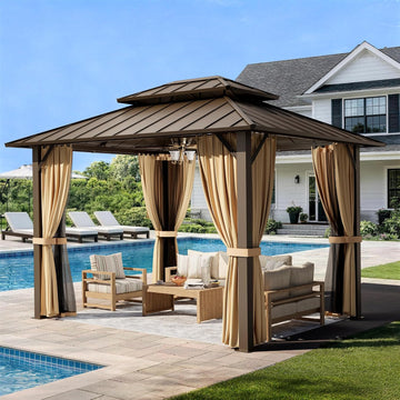 10x12FT Hardtop Gazebo,Galvanized Steel Double Roof Gazebo,Outdoor Permanent Pavilion with Breathable Netting