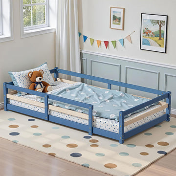 Montessori Bed, Solid Wood Floor Bed Frame with Safety High Fence, Montessori Floor Bed with Rails for Boys