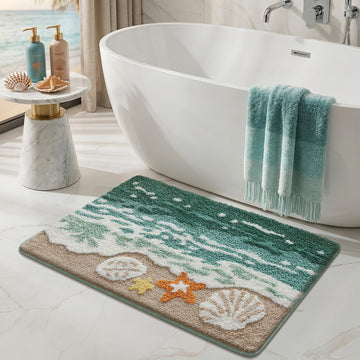 Bathroom Rug, Soft and Absorbent Microfiber Polyester Tufted Floor Mat, Non-Slip, Machine Washable, Cute Ocean and
