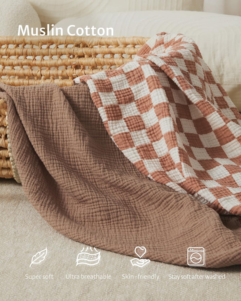 Muslin Mini Crib Sheets, 2 Pack, Brown Checkboard & Brown