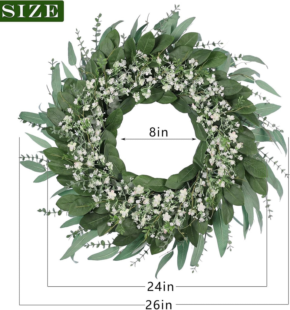 26" Large Artificial Eucalyptus & Flower Wreath for Front Door(Green-White)
