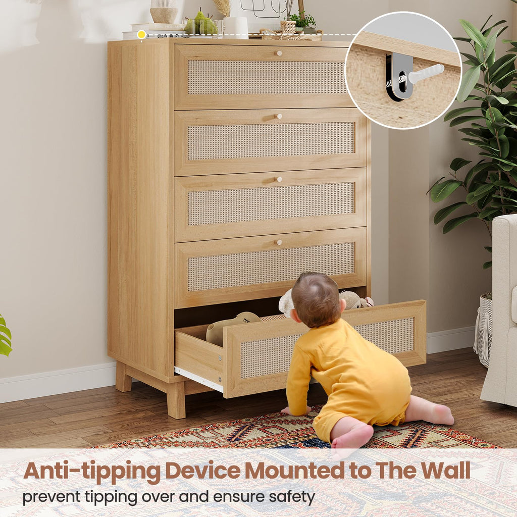 Rattan Dresser, 5 Drawer Dresser with Natural Rattan Drawers, Wooden Tall Cabinet with Gold Handles, Modern Closet