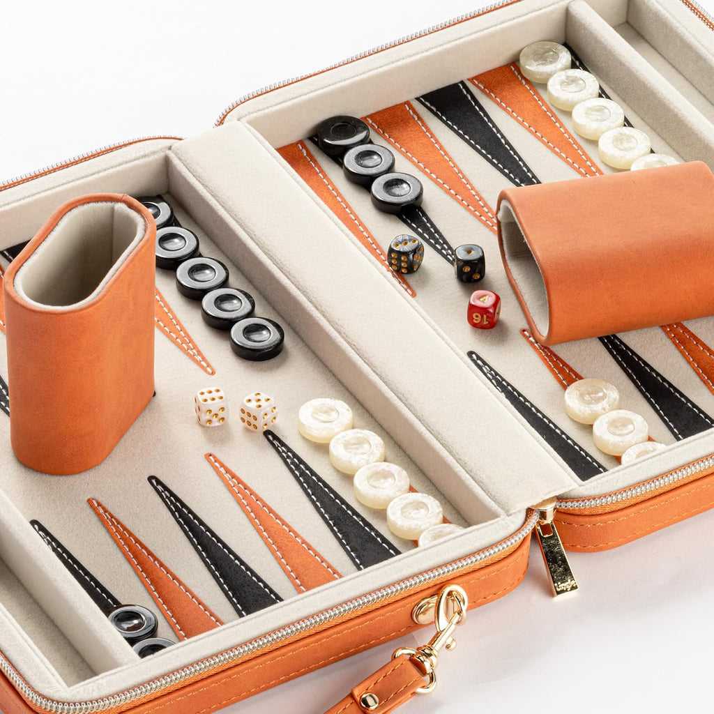 Backgammon Sets for Adults and Kids, Classic Backgammon Board with Unique Checkers Dice, Folding Faux Leather