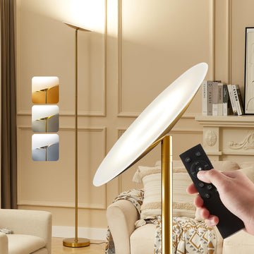 LED Torchiere Floor Lamp - 71" Tall Modern Torchiere Lamp in Golden Brass, Stepless Dimming, Remote & Touch