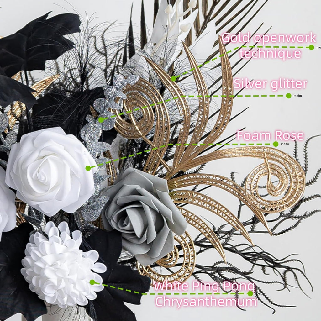 17" Gothic Metallic Texture Black Gold Bouquet,Artificial Silk White Rose - Set of 14