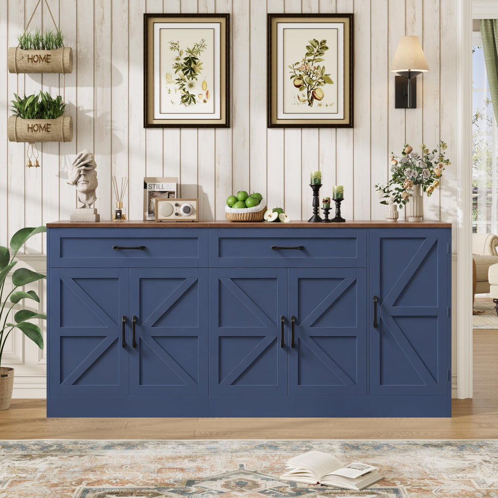 71" Large Sideboard Buffet Cabinet, Farmhouse Coffee Bar Cabinet (Blue)