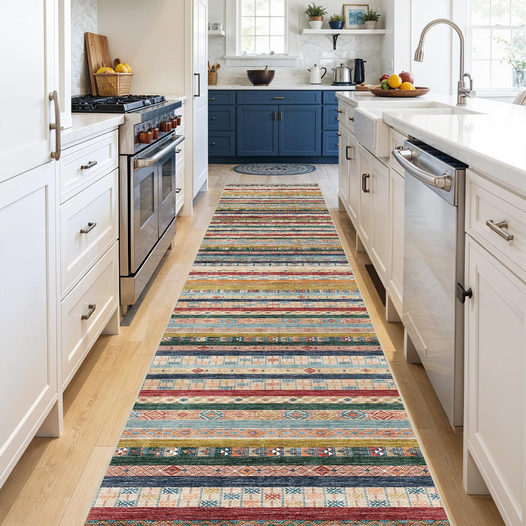 Washable Hallway Runner Rug - Non-Slip Boho Rugs Colorful Stripe