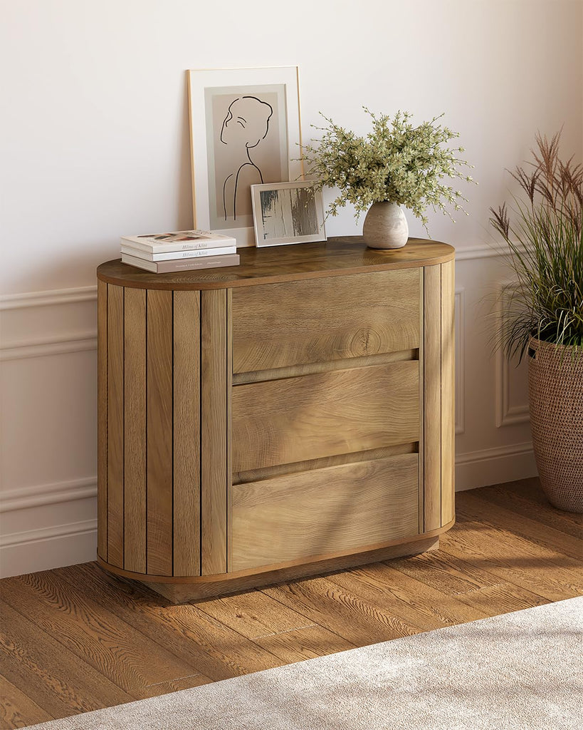 Large Nightstand, Oversized Night Stand with Drawers, Slatted Side Design Wood Nightstand, 35" Wide End Tables