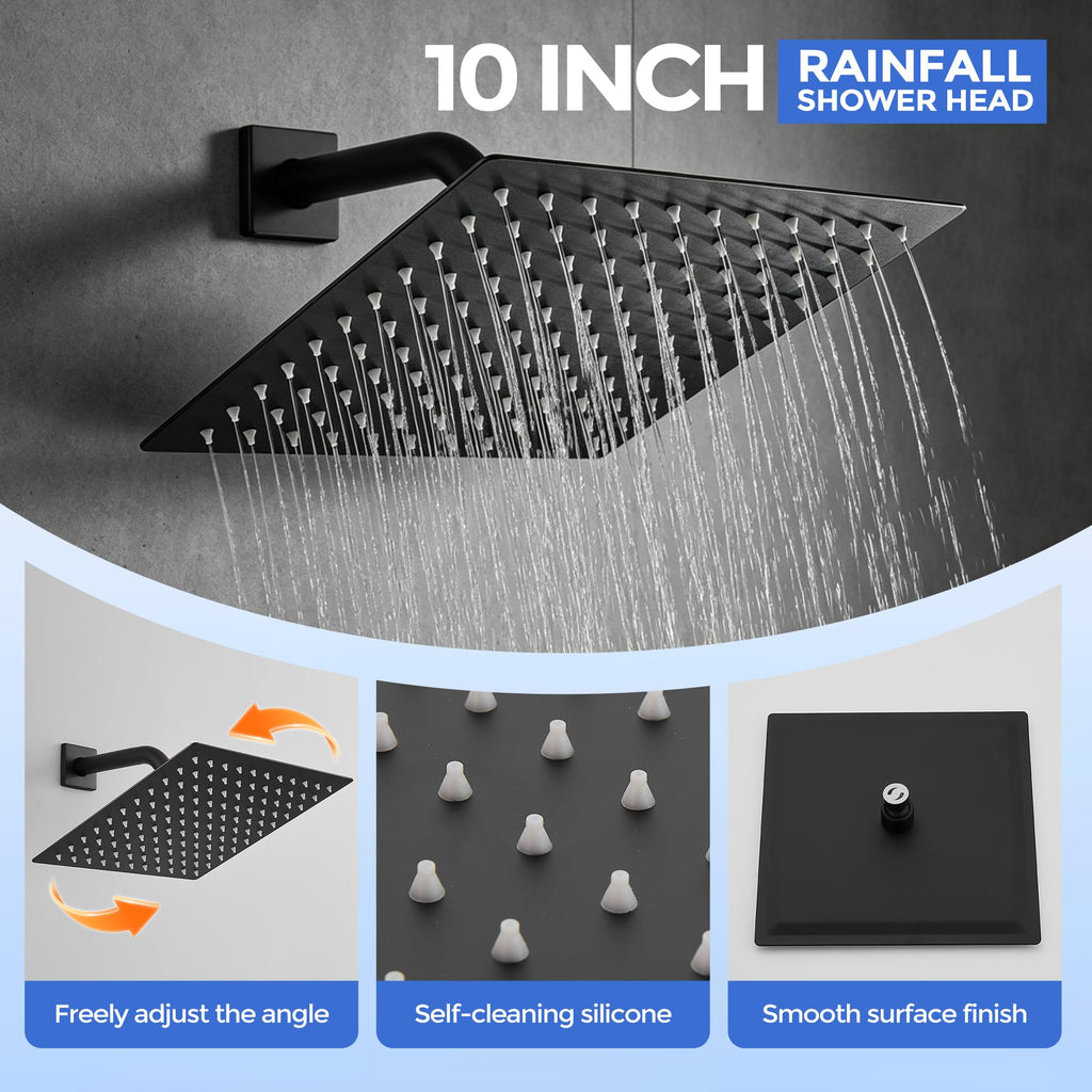 10 Inch Rain Shower Faucet Set with Body Jets, Matte Black