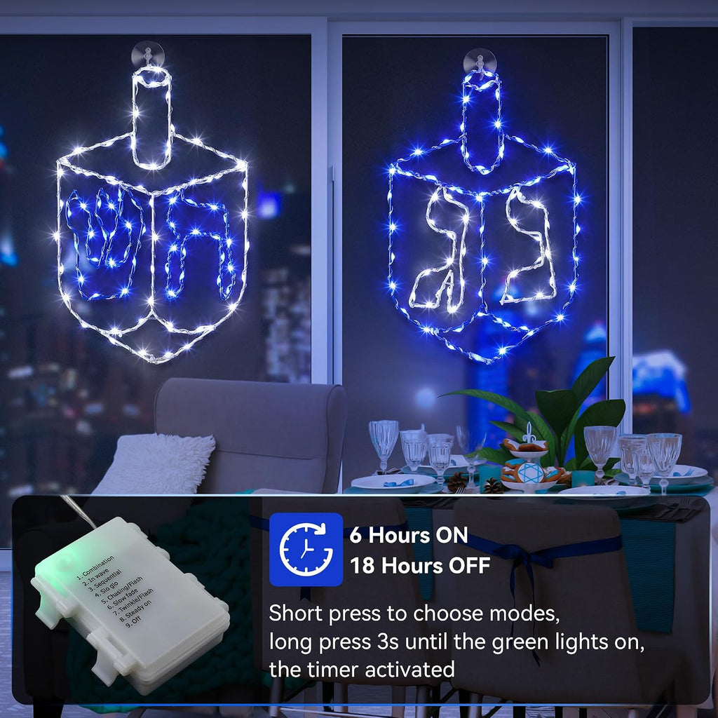 Hanukkah Decorations Window Lights, 8 Modes Blue White Chanukah LED Silhouette Lights Battery Operated - Set of 2