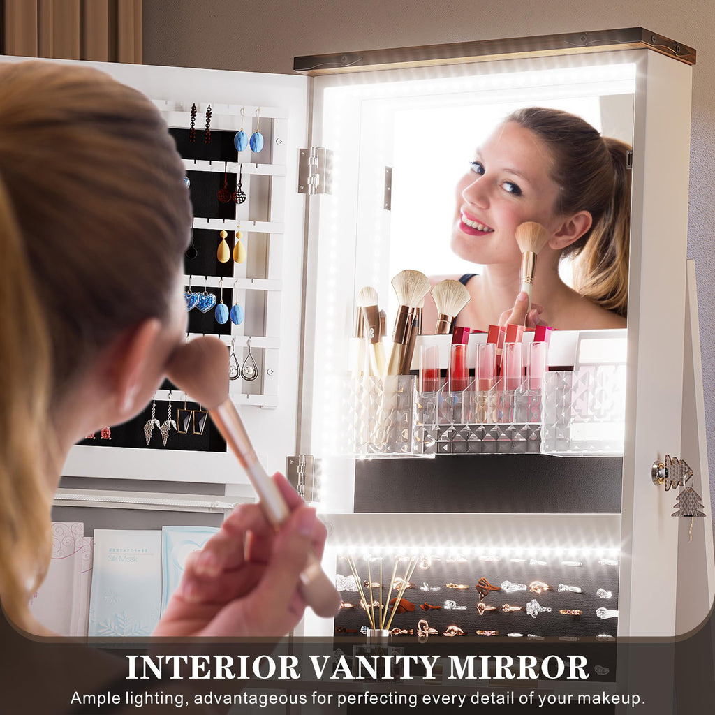 Jewelry Cabinet with Full Length Mirror, Lockable, Swivel, White