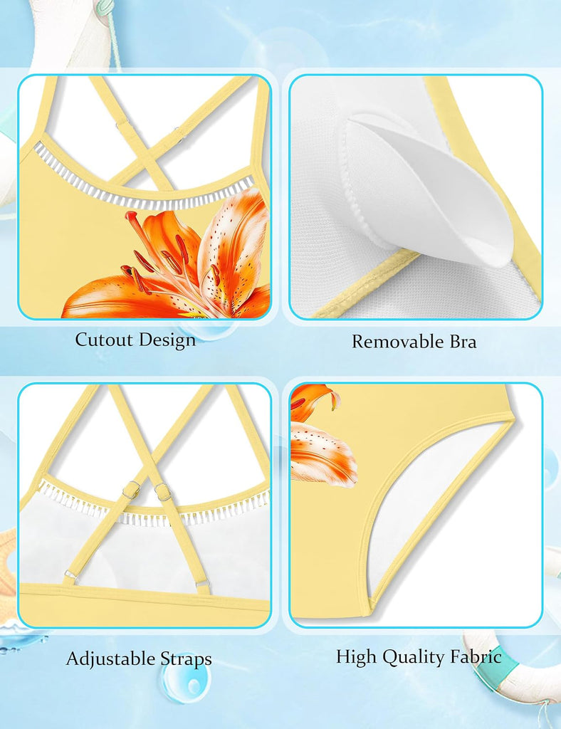Girls Swimsuit Two Piece Cross Back Bikini Cutout Bathing Suit for Girls Adjustable Straps Swimwear