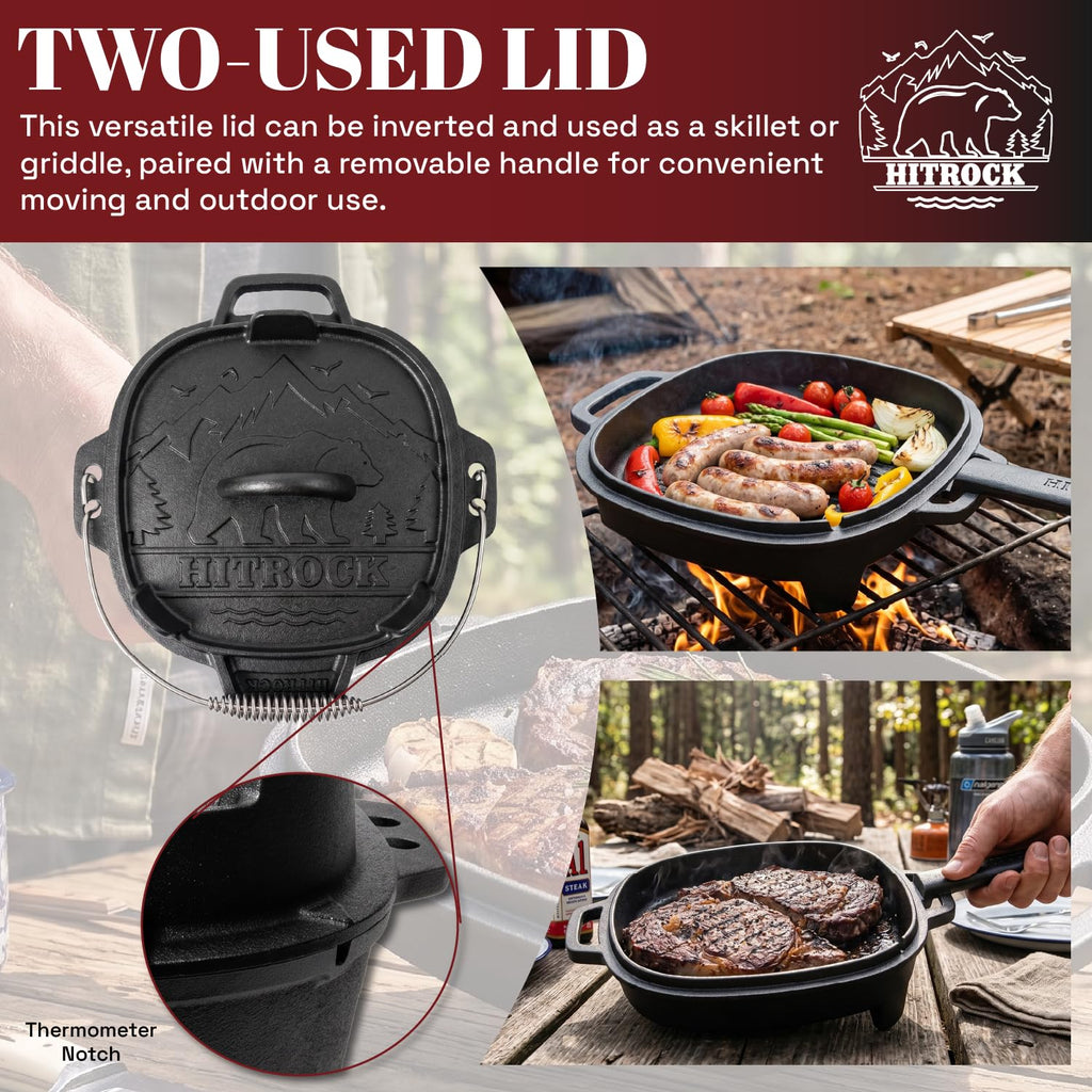 Cast Iron Camp Dutch Oven 9QT, Pre-Seasoned Camping Dutch Oven with Lid, Flat Bottom Outdoor Pot with Lid Lifter, Pot