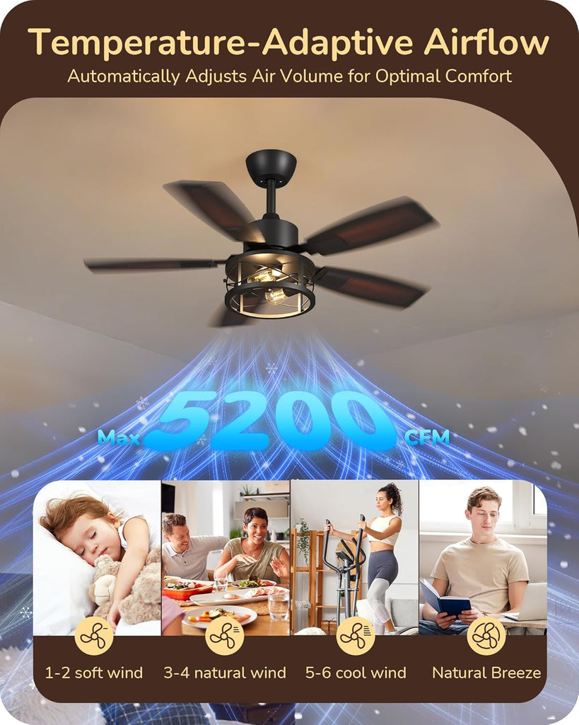 42" Farmhouse Ceiling Fans with Lights and Remote, 10%-100% Dimmable, Reversible DC Motor, 6 Speed, 5 Wooden Blades
