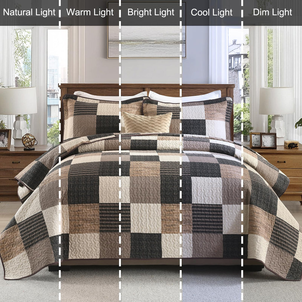 100% Cotton Quilt Set, Farmhouse Plaid Rustic Bedspread