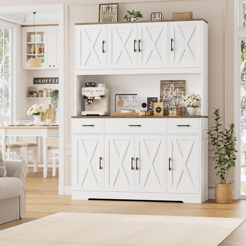 71" Tall Kitchen Pantry Storage Cabinet, 55" W Kitchen Hutch, White | Large Pantry Cabinet with Charging Station /