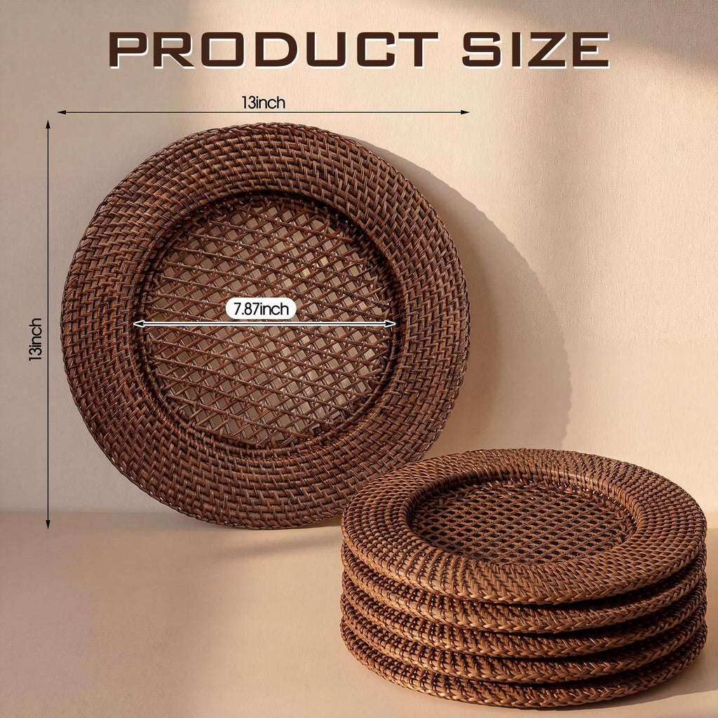 6 Pack 13" Rattan Charger Plate, Dark Brown, Hollow out