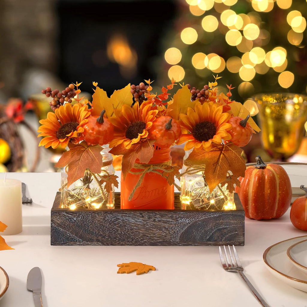 Mason Jar Fall Thanksgiving Table Decorations, Centerpieces for Tables - Set of 3