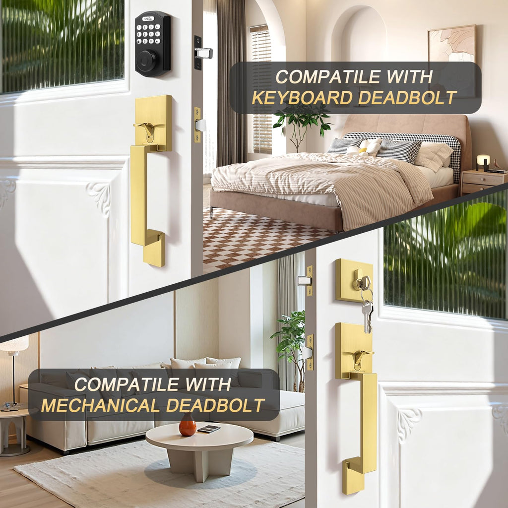Gold Front Door Handle Set, Single Cylinder Front Door Handle Only, Gold Entry Handleset, Reversible for Right and