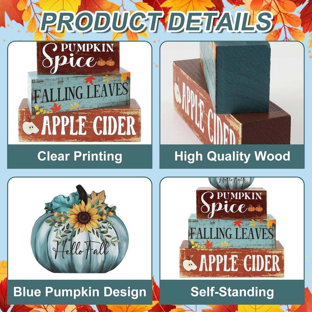 Fall Blue Pumpkin Wooden Block Signs Wooden Blue Pumpkin Decor - Set of 4