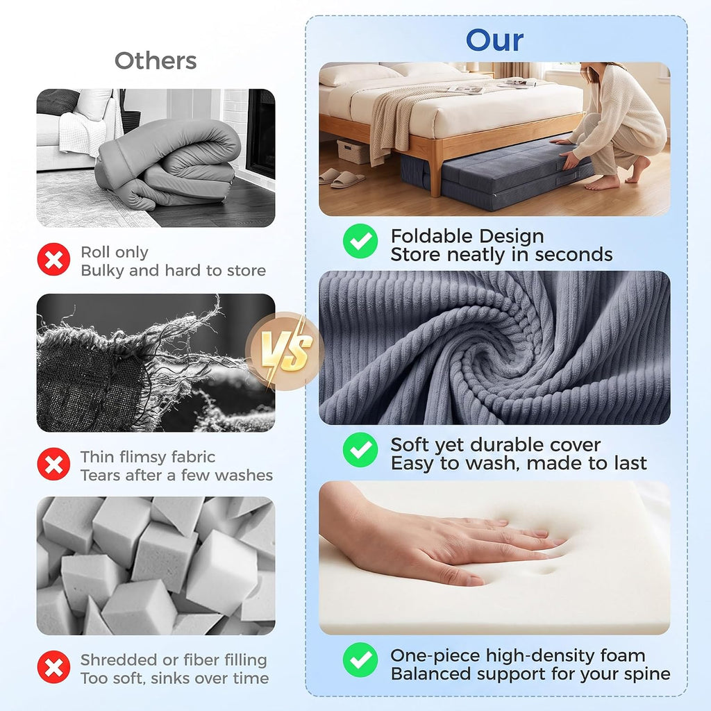Tri-Fold Futon Mattress, Foldable Japanese Floor Sleep Mattress, High-Density Foam Tatami Bed Mat with Corduroy