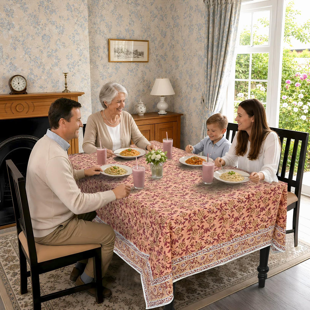 Apricot Rosette Vine Block Print Rectangle Tablecloth 52x70 Inch