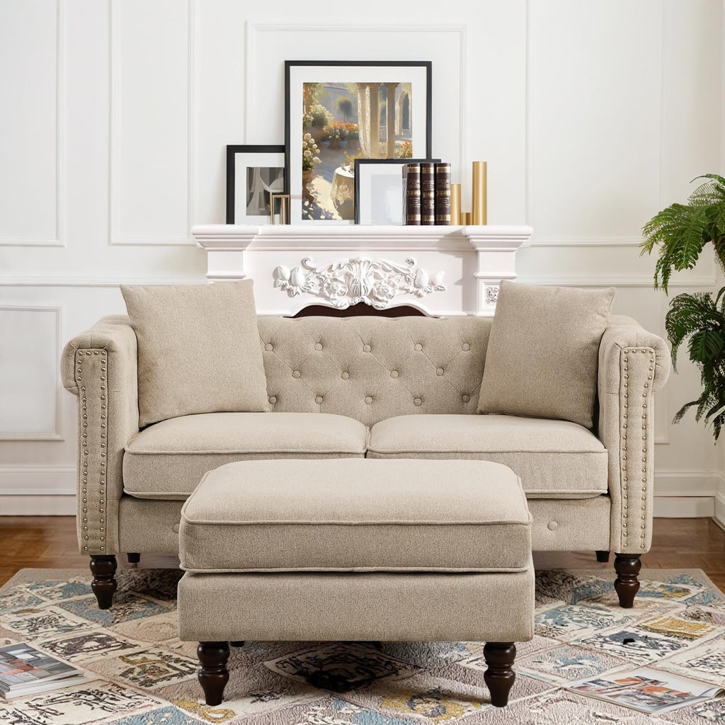 62" Chesterfield Linen Sofa, Vintage Small L Shaped Loveseat Couch