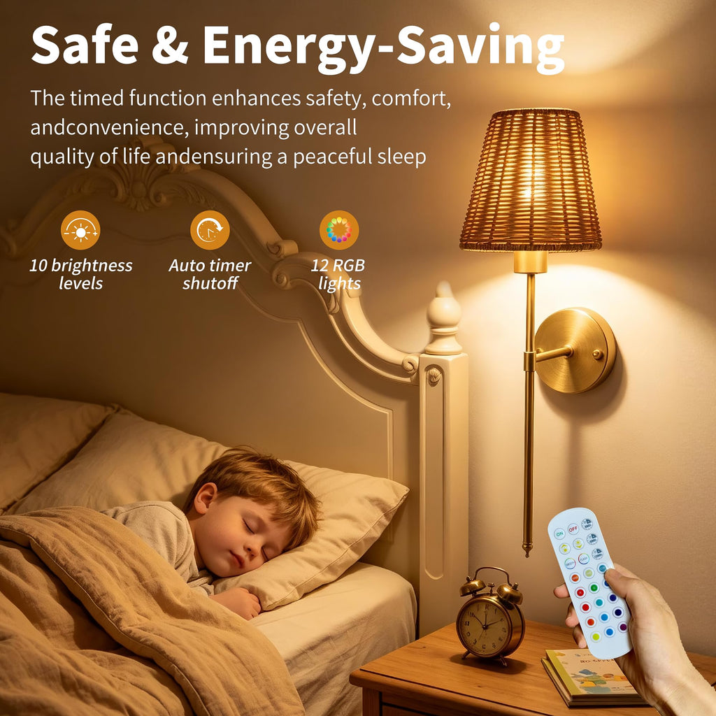 Battery Operated Wall Sconces Set of 2 with Rattan Shade, Rechargeable Wireless Wall Light with RGB Dimmable Magnetic