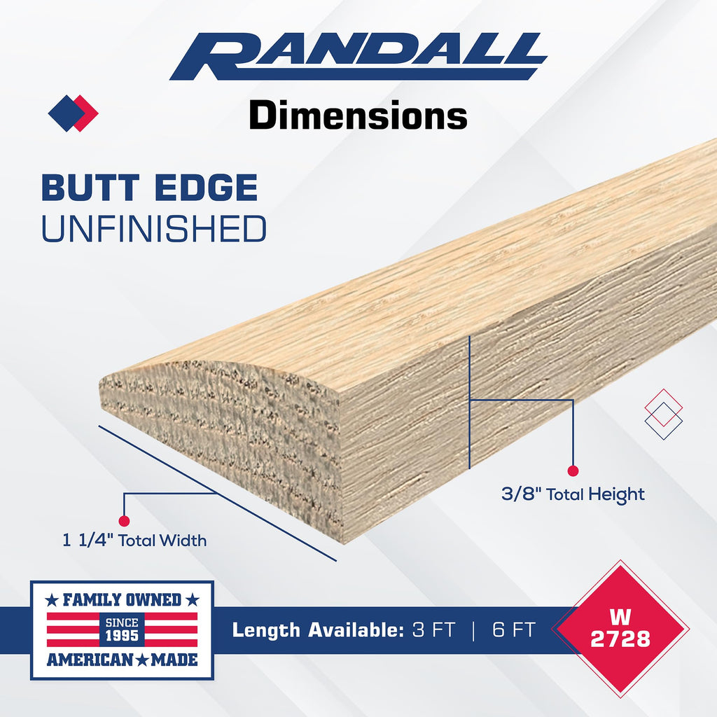 Wood Floor Transition/Overlap Reducer - 36" Red Oak Butt Edging/Reducer - 3/8" Thick x 1-1/4" Wide Unfinished Solid