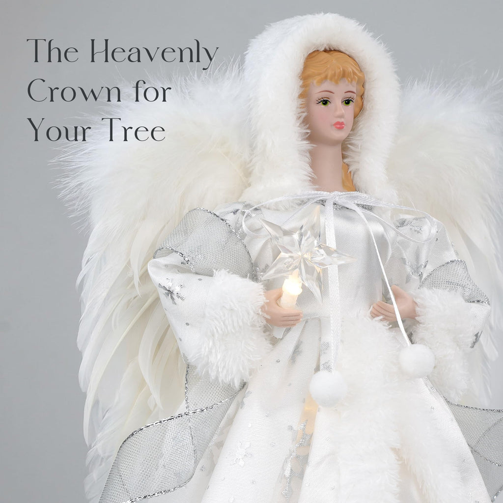 Lighted Christmas Tree Topper Angel, 12 Inch Silver & White Angel Tree Topper w/Feather Wings, 8 Lighting Modes for