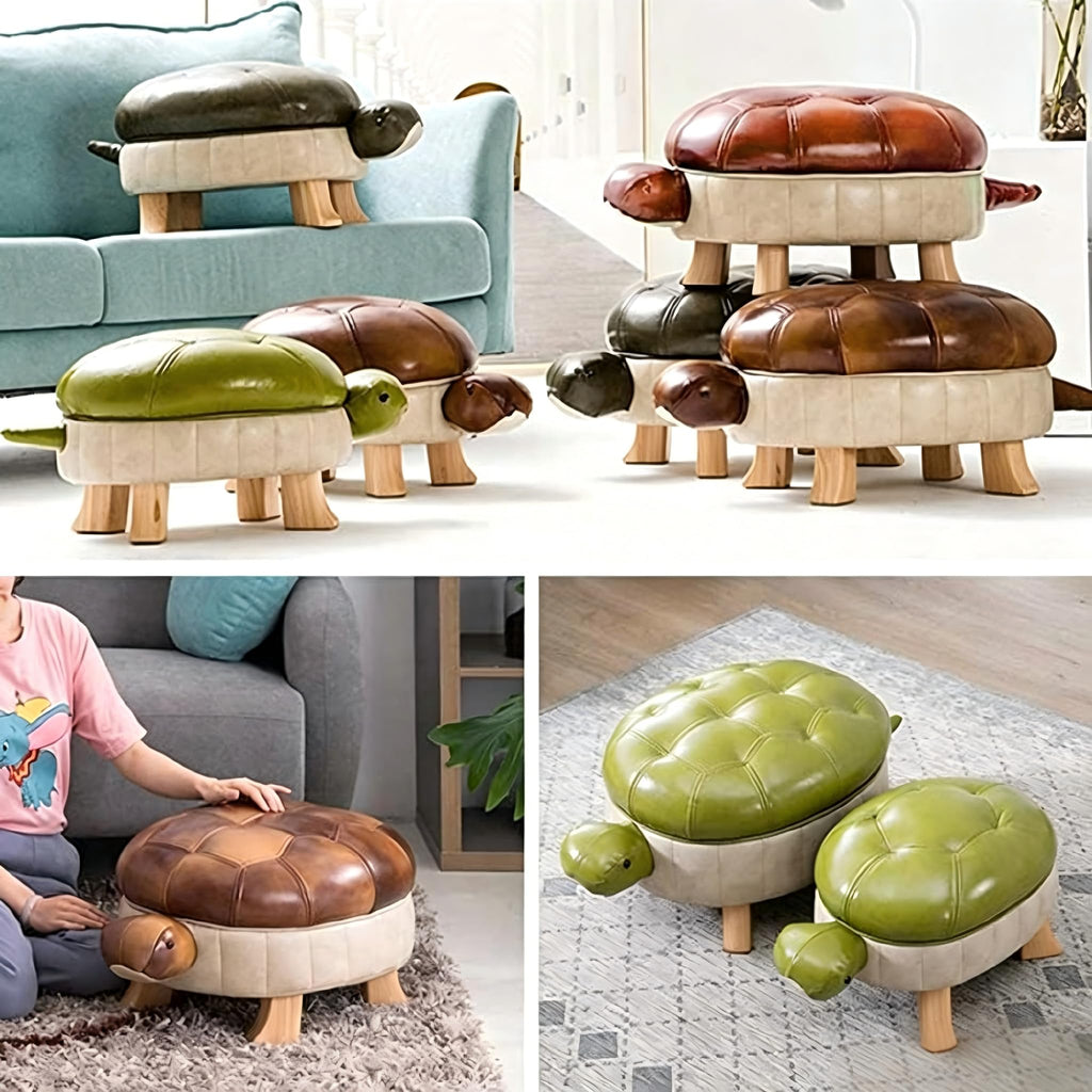Animal Footstool Turtle Upholstered Ottoman PU Leather Pouf Wood Foot Stool Rest Bedroom Sofa Bench Seat Chair