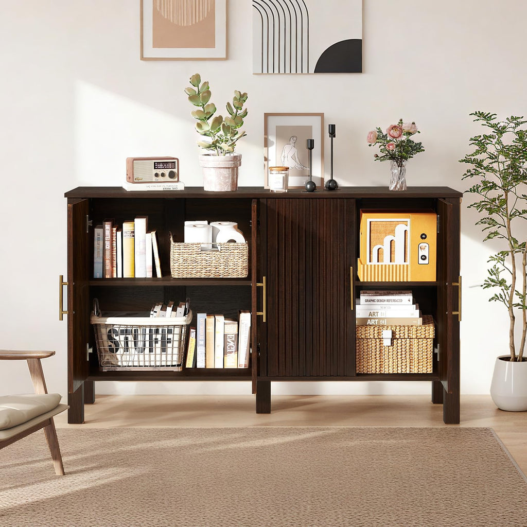 Brown Mid-Century 4-Door Fluted Buffet Cabinet with Storage
