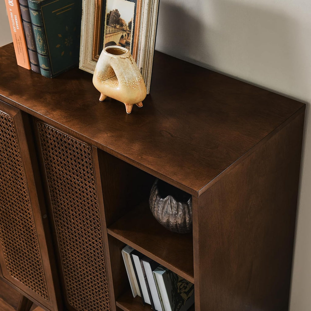 Mid Century Modern Small Rattan Sideboard Buffet Storage Cabinet | Real Wood Veneer Mid Century Storage Cabinet with