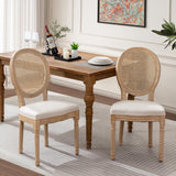 French Country Dining Chairs Set of 2, Farmhouse Dining Chairs with Round Back, Rattan Accent and Wood Legs for Kitchen or Dining Room, Beige