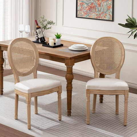 French Country Dining Chairs Set of 2, Farmhouse Dining Chairs with Round Back, Rattan Accent and Wood Legs for Kitchen or Dining Room, Beige