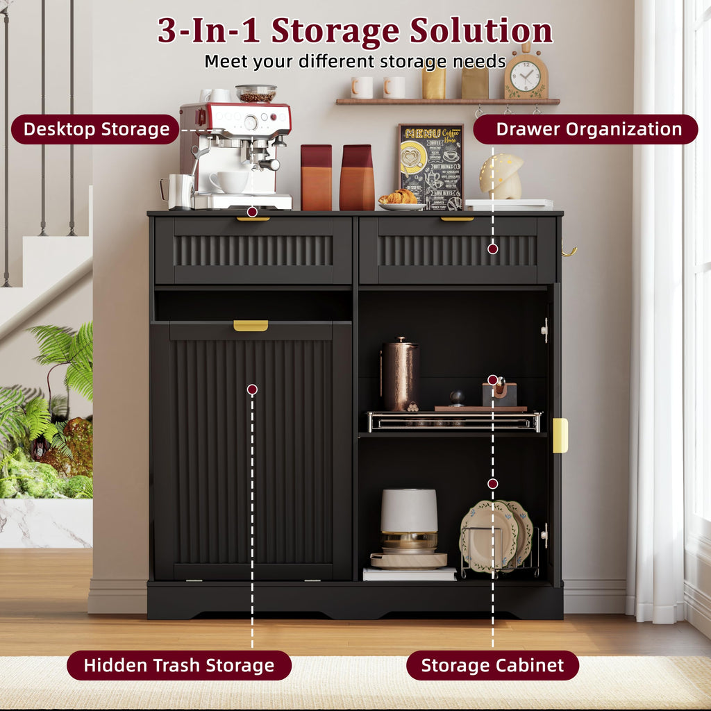 Storage Cabinet with 13 Gallon Tilt Out Trash Can Cabinet, Buffet Cabinet