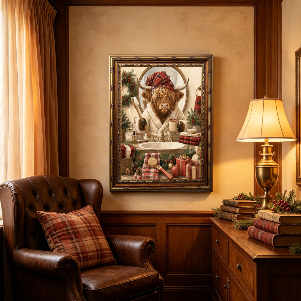 Christmas Highland Cow Wall Art (Christmas Art-C, 16x24in, Framed)