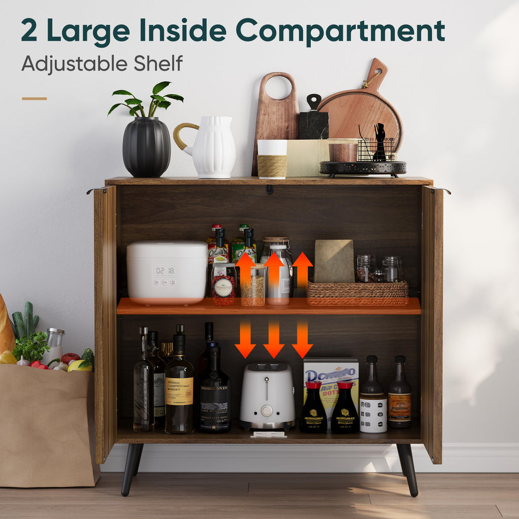 Walnut Buffet Cabinet with Storage, Sideboard Cabinet with Fluted Doors and Metal Legs, Storage Cabinet with