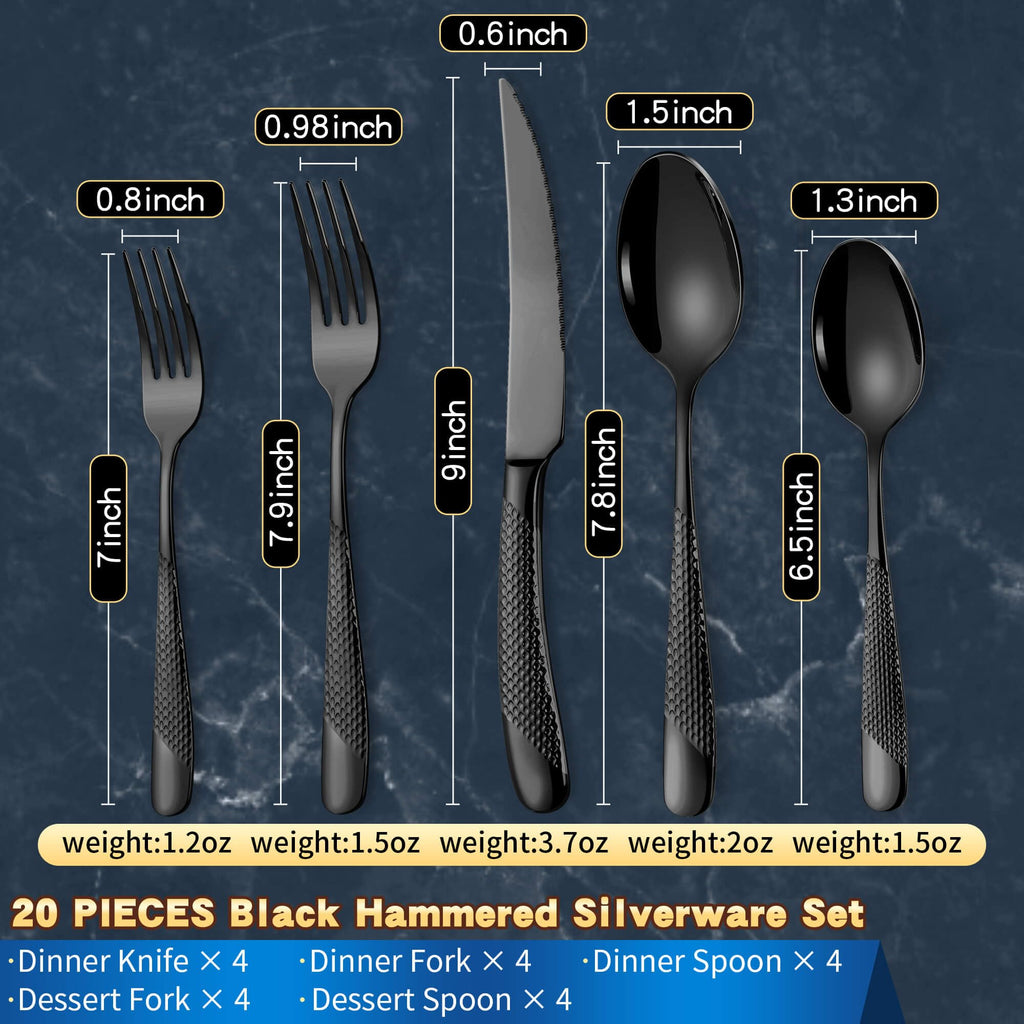 20-Piece Hammered Black Silverware Set for 4,18/10 Stainless Steel Flatware Set with Serrated Forged Knives,Heavy