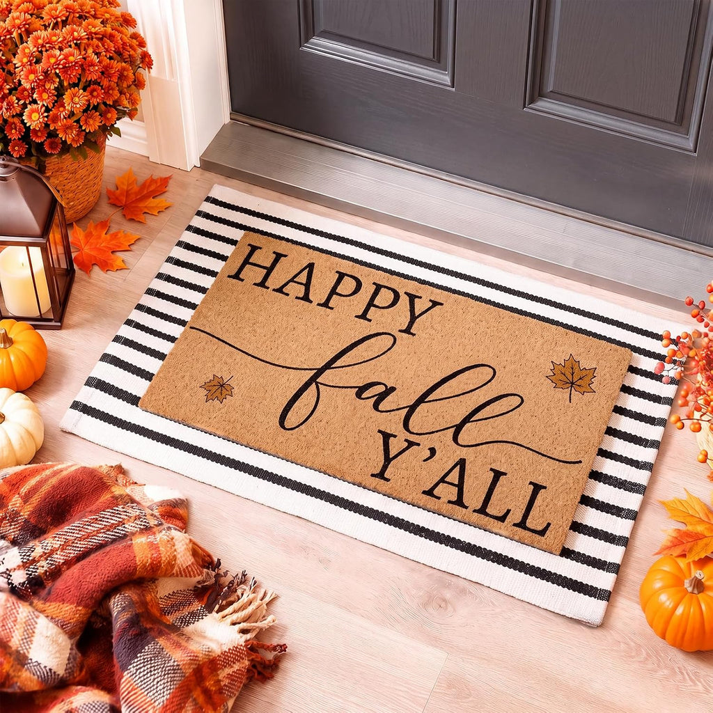 Front Door Mat Wreath Set, 3 Pcs, for Porch, 29.9'', Fall Leaf | Leaf Pumpkin Black Farmhouse Faux Coir Doormat