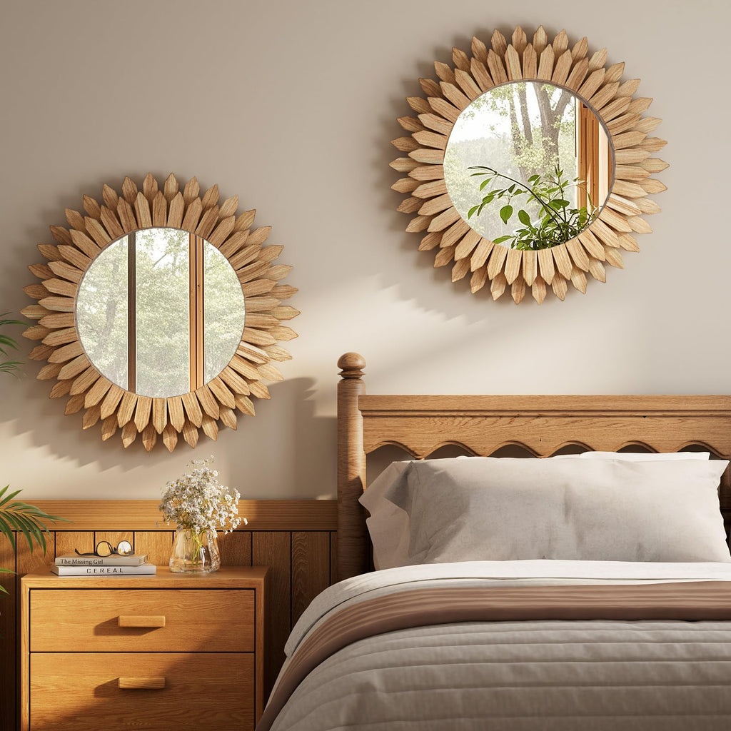 28" Round Sunburst Wooden Mirror Boho Rustic Wall Decor