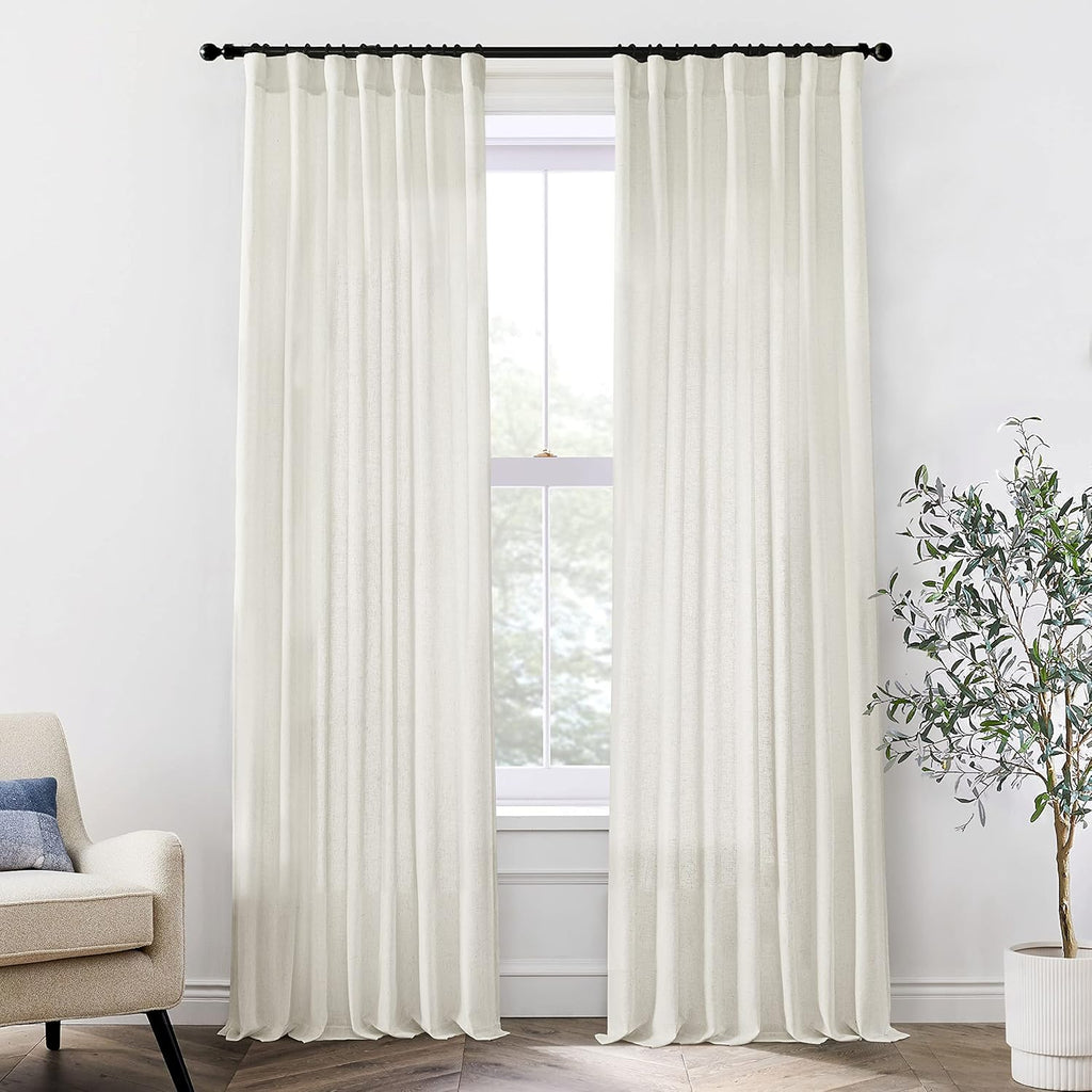 Linen Curtains 96 Inch Long 2 Panel Set, Cream Sheer Pleated Curtain, Modern Farmhouse Curtains for Dining Room