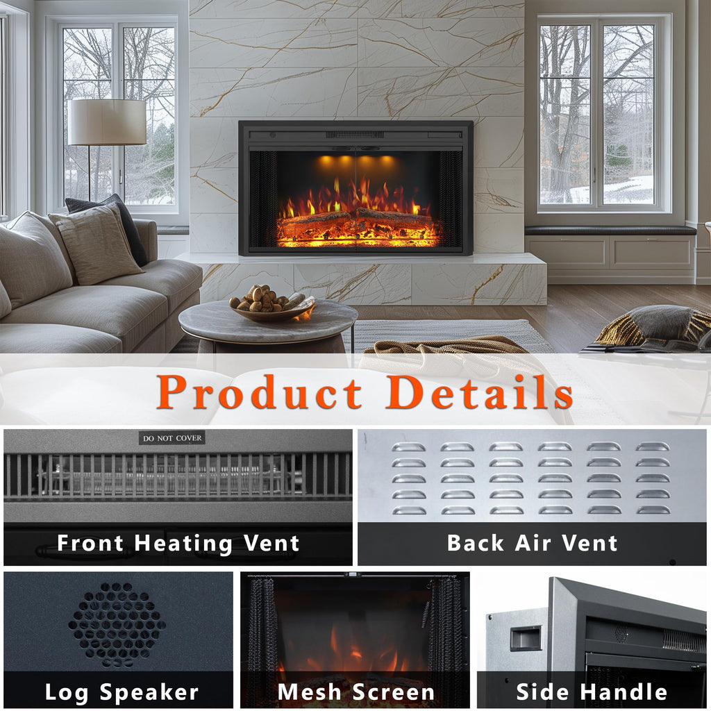 29" Electric Fireplace Insert Heater, Recessed Mounted Fireplace with Glass Door & Mesh Screen, Remote Control, Fire
