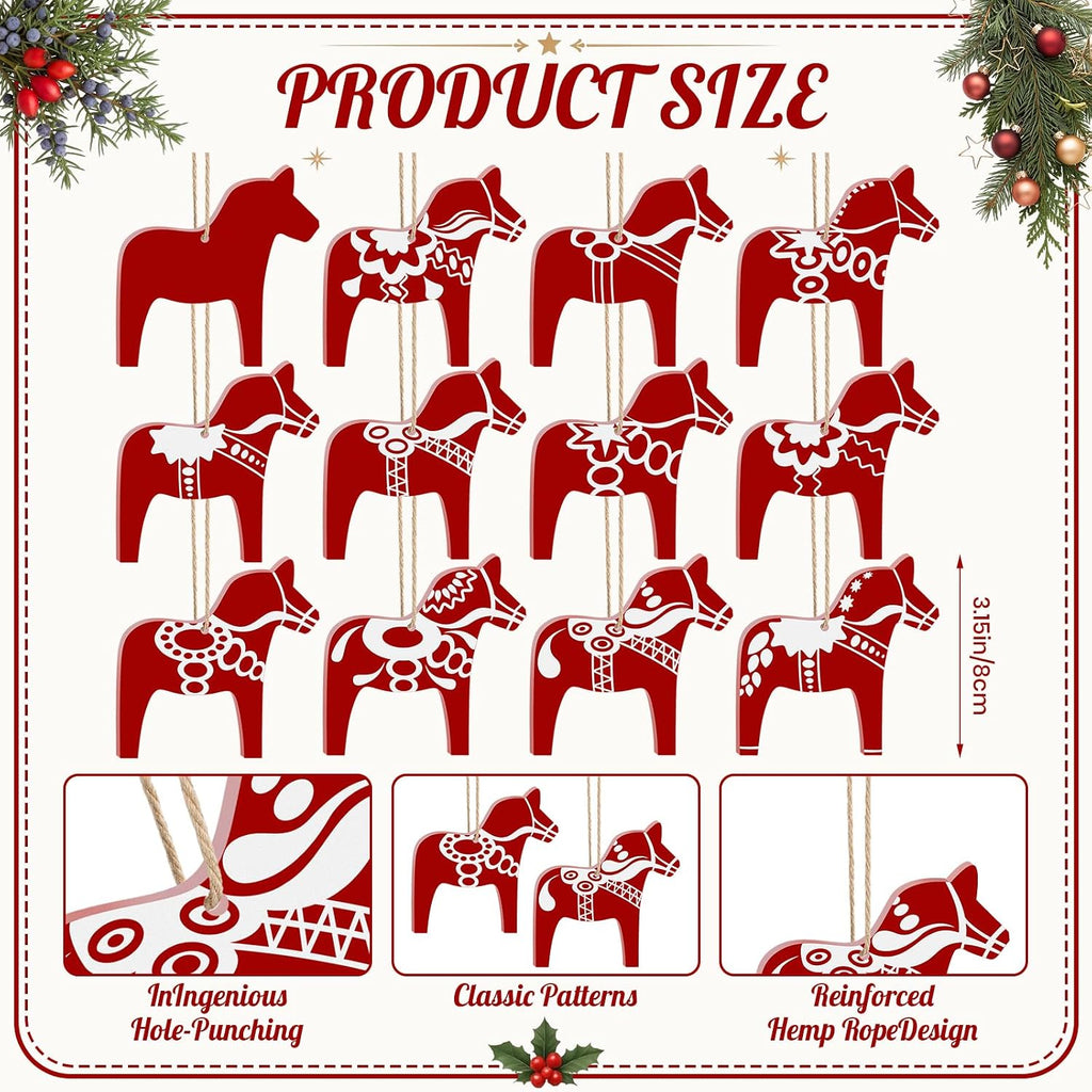 Dala Horse Swedish Christmas Decorations 12 Pack, Wooden Scandinavian Christmas Ornaments Folk Style 3.15" Red White - Set of 12