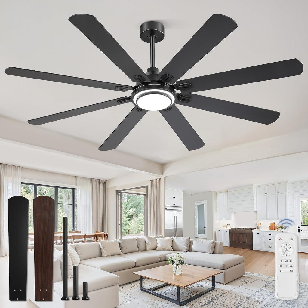 72 Inch Ceiling Fans with Lights and Remote, Black Ceiling Fan with 8 Dual-Color Blades