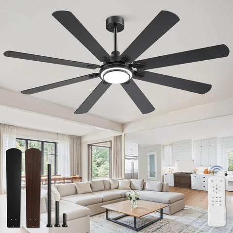 72 Inch Ceiling Fans with Lights and Remote, Black Ceiling Fan with 8 Dual-Color Blades